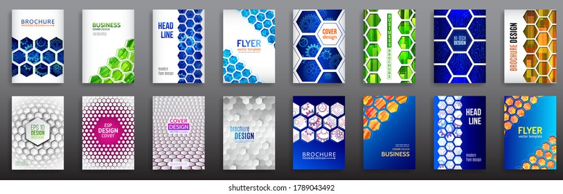 Abstract technology cover with hexagon elements. Set of High tech brochure design concept. Futuristic business layout. Digital poster templates.