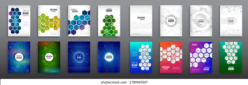 Abstract technology cover with hexagon elements. Set of High tech brochure design concept. Futuristic business layout. Digital poster templates.