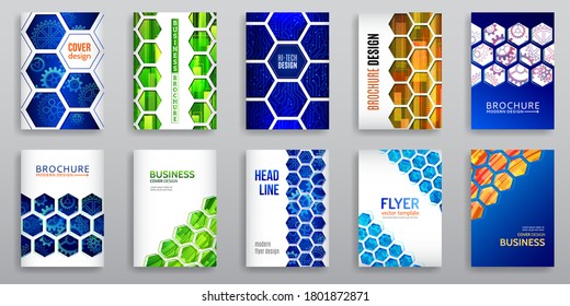 Abstract technology cover with hexagon elements. Set of High tech brochure design concept. Futuristic business layout. Digital poster templates. Sci fi pattern.