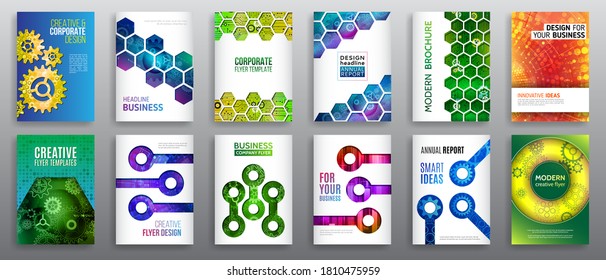 Abstract technology cover with hexagon elements. High tech brochure design concept. Futuristic business layout. Digital poster templates.