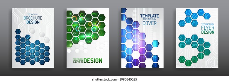 Abstract technology cover with hexagon elements. High tech brochure design concept. Futuristic business layout. Digital poster templates.