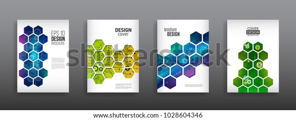 Abstract technology cover with hexagon\
elements. High tech brochure design concept. Futuristic business\
layout. Digital poster\
templates.