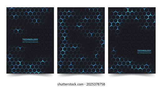 Abstract technology cover set with hexagon background. Hexagonal high tech brochure design concept collection. Digital futuristic poster templates. Social media post. Vector illustration