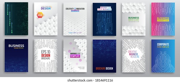 Abstract Technology Cover With Various Elements. High Tech Brochure Design Concept. Set Of Futuristic Business Layout. Digital Poster Templates.