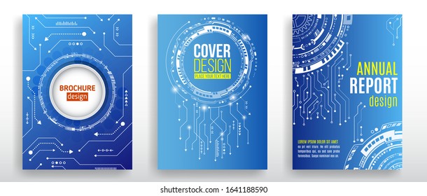 Abstract Technology Cover With Various Techno Elements. High Tech Brochure Design Concept. Futuristic Business Layout. Digital Poster Templates.