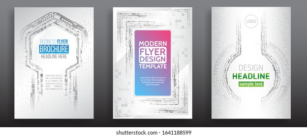 Abstract technology cover with various techno elements. High tech brochure design concept. Futuristic business layout. Digital poster templates.