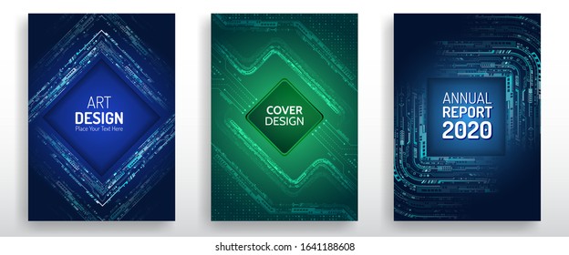 Abstract technology cover with various techno elements. High tech brochure design concept. Futuristic business layout. Digital poster templates.