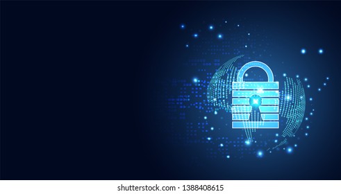 Abstract technology cyber security privacy world protect information network concept padlock protection digital network internet link on hi tech blue future background