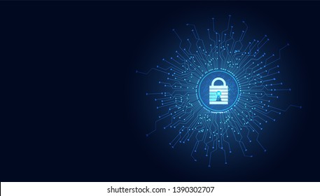 Abstract technology cyber security privacy information network concept padlock protection digital network internet link on hi tech blue future background