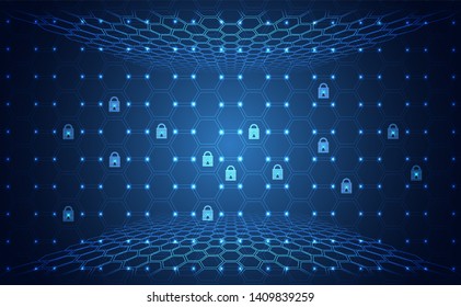 Abstract technology cyber security privacy information network concept padlock protection digital network internet link on hi tech blue future background