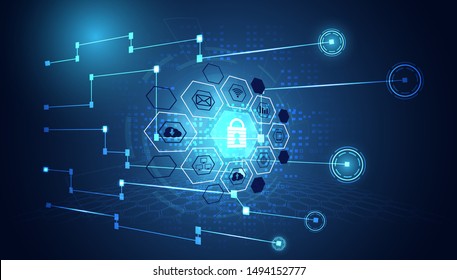 Abstract technology cyber security privacy information network concept padlock protection digital network internet link on hi tech blue future background