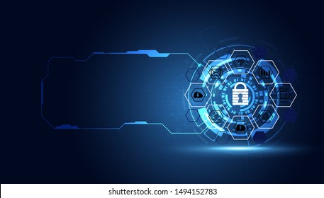 Abstract technology cyber security privacy information network concept padlock protection digital network internet link on hi tech blue future background