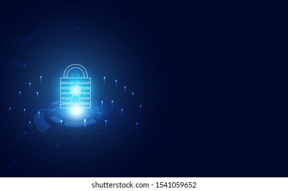 Abstract technology cyber security privacy information network concept padlock protection digital network internet link on hi tech blue future background