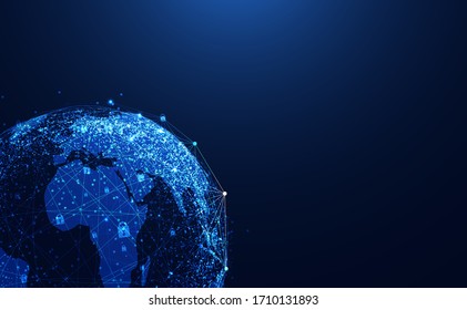 Abstract technology cyber security privacy world protect information network concept padlock protection digital network internet link on hi tech blue future background.