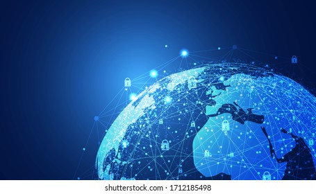 Abstract Technology Cyber Security Privacy World Protect Information Network Concept Padlock Protection Digital Network Internet Link On Hi Tech Blue Future Background.