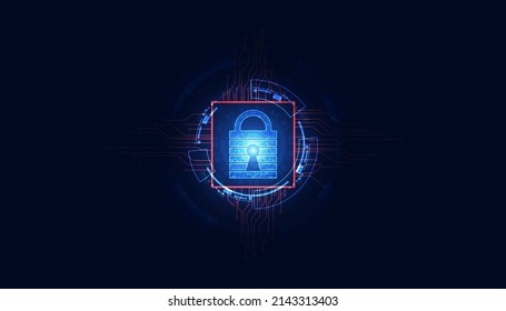 Abstract technology cyber security privacy information network concept padlock protection digital network internet link on hi tech blue future background