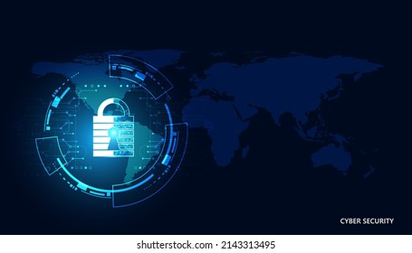 Abstract technology cyber security privacy information network concept padlock world map protection digital network internet link on hi tech blue future background