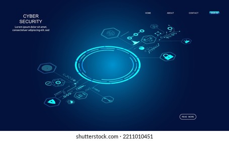 Abstract technology cyber security privacy information network concept isometric protection digital network internet link on hi tech blue future background