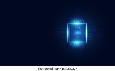 Abstract technology cyber security square ai privacy information network concept padlock protection digital network internet link on hi tech blue future background