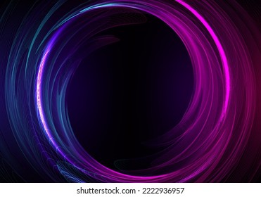 Abstract technology cyberspace concept blue and pink neon colors light swirl lines circle shape on dark background. Vector illustration