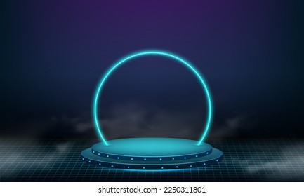 Abstract technology cylinder pedestal podium. Sci-fi dark empty room concept with circle glowing neon lighting. Product display presentation. Futuristic wall scene.