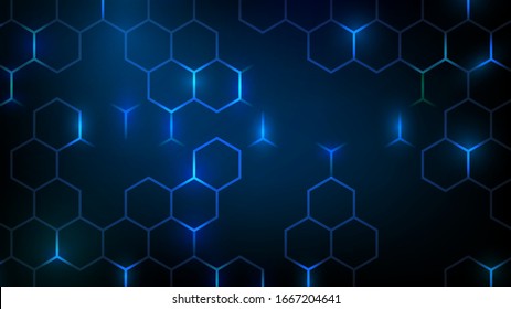 Abstract technology dark background with blue luminous hexagons