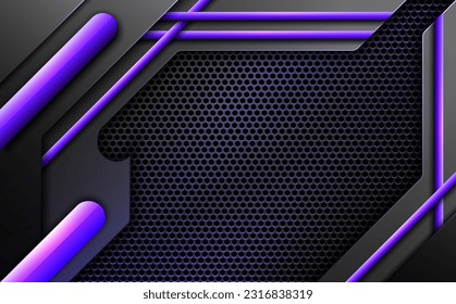 Tecnología abstracta banner de juego oscuro, fondo de superficie de metal negro y púrpura