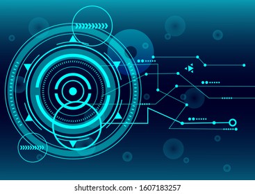 Abstract technology design. with lines, circle, ring, plate, dots, dotted, square, arrow and circuit board lines on dark blue technology background 