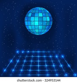 Abstract technology design. Retro disco stage with disco ball on a deep night sky. Vector illustration