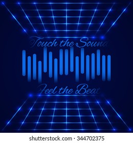 Abstract technology design. Retro disco stage with digital equalizer (sound wave) with text "Touch the sound, Feel the beat". Vector illustration