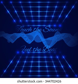 Abstract technology design. Retro disco stage with waving digital equalizer (sound wave) and text "Touch the sound, Feel the beat". Vector illustration