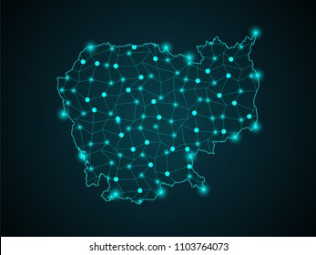 Abstract technology digital backgrounds with Cambodia map.World map point scales on dark background. Wire frame 3D mesh polygonal network line. Vector illustration eps 10.