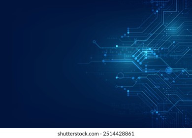 Diseño de placa de circuito digital de tecnología Abstractas con líneas y puntos azules brillantes sobre un fondo de color azul oscuro. Ilustración vectorial.