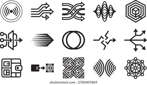 Abstract technology and digital data icons set, data flow arrow, network node and cryptocurrency fintech line glyphs