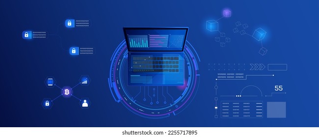 Abstract technology digital futuristic of business report on blue scifi laptop data visualization. Money online, crypto, blockchain concept icon infographic smart object or application vector.