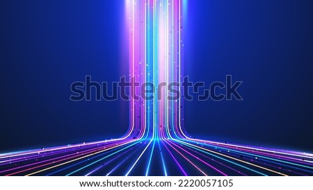 Abstract technology digital futuristic concept glow neon colors lines with lighting effect perspective on dark blue background. 5G network high speed internet wireless, big data, cyberspace. Vector