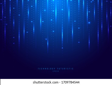 Abstract technology digital futuristic different neon glowing dots particles with lighting on blue background. Big data. Vector illustration