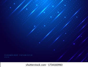 Abstract technology digital futuristic different neon glowing dots particles with lighting on blue background. Big data. Vector illustration