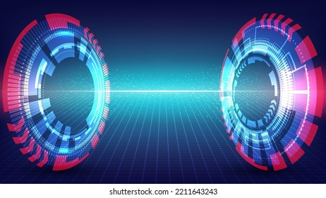 Abstract technology digital futuristic transfer big data concept blue HUD tunnel with lighting effect and particles on dark blue background. Vector illustration