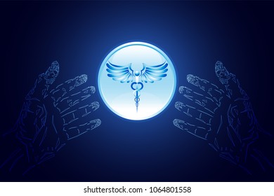 Abstract technology digital health medical 
concept caduceus medical symbol on hand digital blue healthcare pharmacy on gradient black for template web design or presentation.Vector Illustration.EPS10