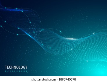 Tecnología abstracta iluminación digital de líneas de luz azul futurista ondulante con fondo de partículas azul claro. Ilustración del vector 