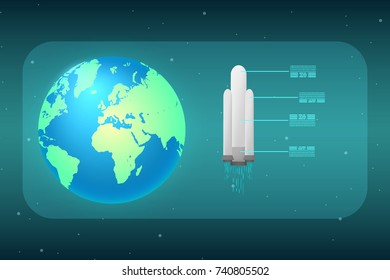 Abstract  technology  display with planet earth and rocket.  Trendy geometric elements. Design.  Vector illustration. 