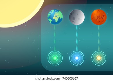 Abstract  technology  displayed planet earth, moon and mars.  Trendy geometric elements. Design.  Vector illustration. 
