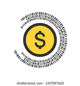 Abstract technology dollar logo with binary code around. Vector illustration cybercrime and cyber security concept. Cyber monday sale. Vector illustration isolated on white background.