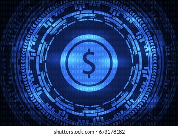 Abstract technology dollar logo on binary code and gear blue background . Vector illustration cybercrime and cyber security concept.