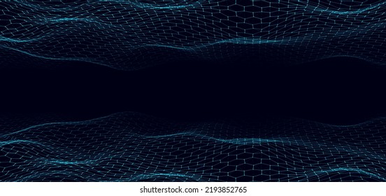 Abstract technology double hexagon wave of particles. Big data visualization. Vector dark background with motion dots and lines. Artificial intelligence.