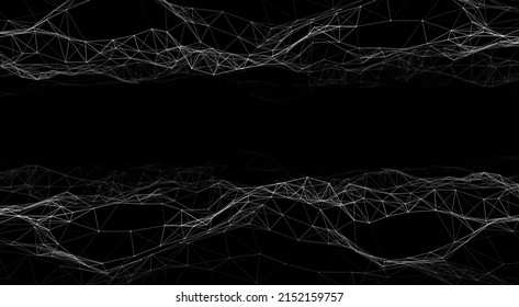 Abstract technology double wave of particles. Big data visualization. Vector dark background with motion dots and lines. Artificial intelligence.