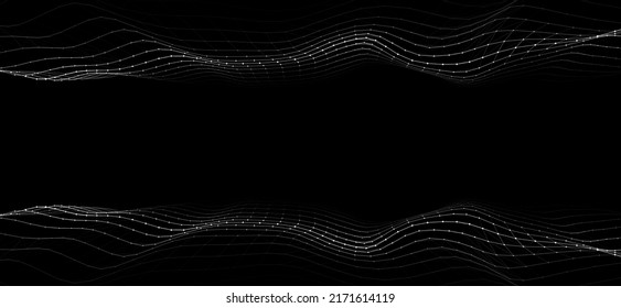 Abstract technology double wave of particles. Big data visualization. Vector dark background with motion dots and lines. Artificial intelligence.
