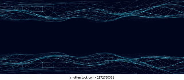 Abstract technology double wave of particles. Big data visualization. Vector dark background with motion dots and lines. Artificial intelligence.