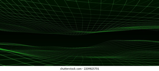 Abstrakte Technologie doppelte Welle von Teilchen. Visualisierung großer Daten. Vektordunkler Hintergrund mit Bewegungspunkten und Linien. Künstliche Intelligenz.